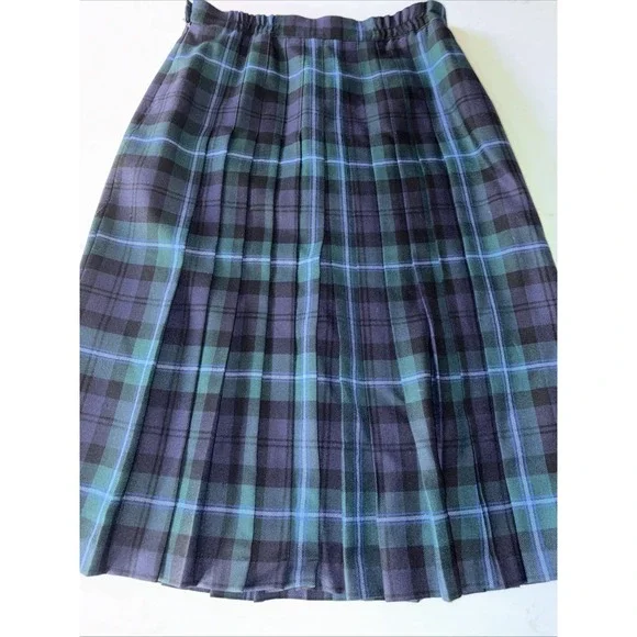 PITLOCHRY Scotland Pure Wool Pleated Tartan Skirt Womens 18 Lined Kilt Green VTG - Picture 5 of 8